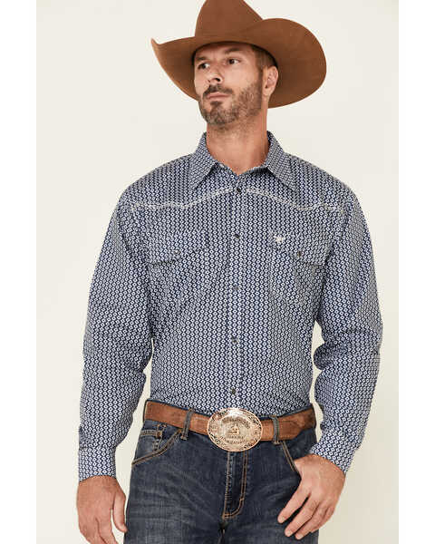 Cowboy Hardware Men's Navy Geo Print Long Sleeve Snap Western Shirt , Navy, hi-res
