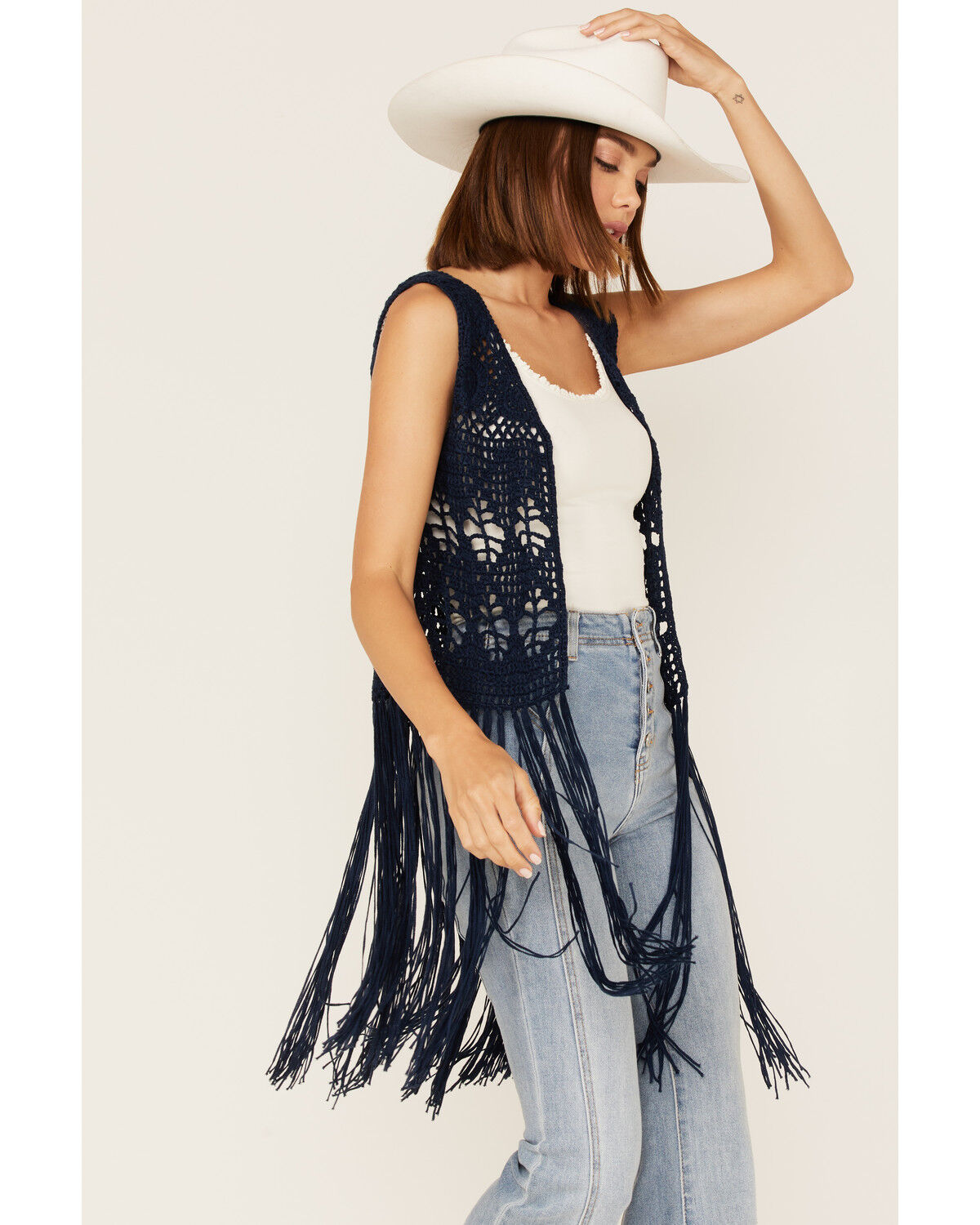 Image #2 - Rock & Roll Denim Women's Crochet Knit Fringe Vest, Navy, hi-res