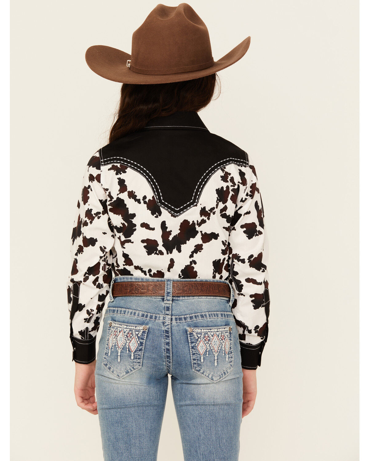 Image #4 - Cowgirl Hardware Girls' Moody Cow Print Long Sleeve Snap Western Shirt, Black, hi-res