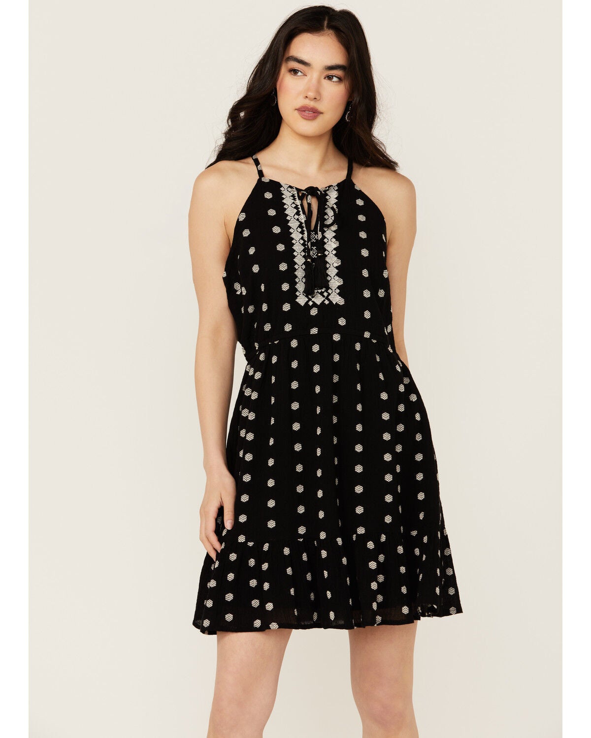 Idyllwind Women's Zelida Embroidered Halter Neck Mini Dress, Black, hi-res