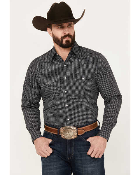 Image #1 - Ely Walker Men's Geo Print Long Sleeve Pearl Snap Western Shirt, Black, hi-res