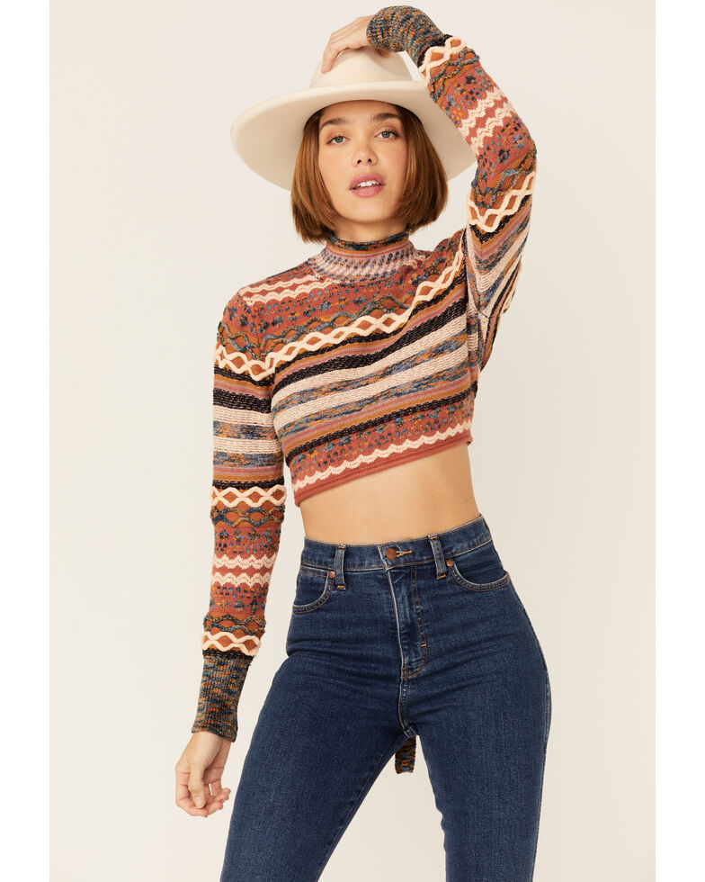 Beyond the Radar Women's Multicolored Rust Cropped Mock Neck Open Back Textured Print Sweater, Rust Copper, hi-res