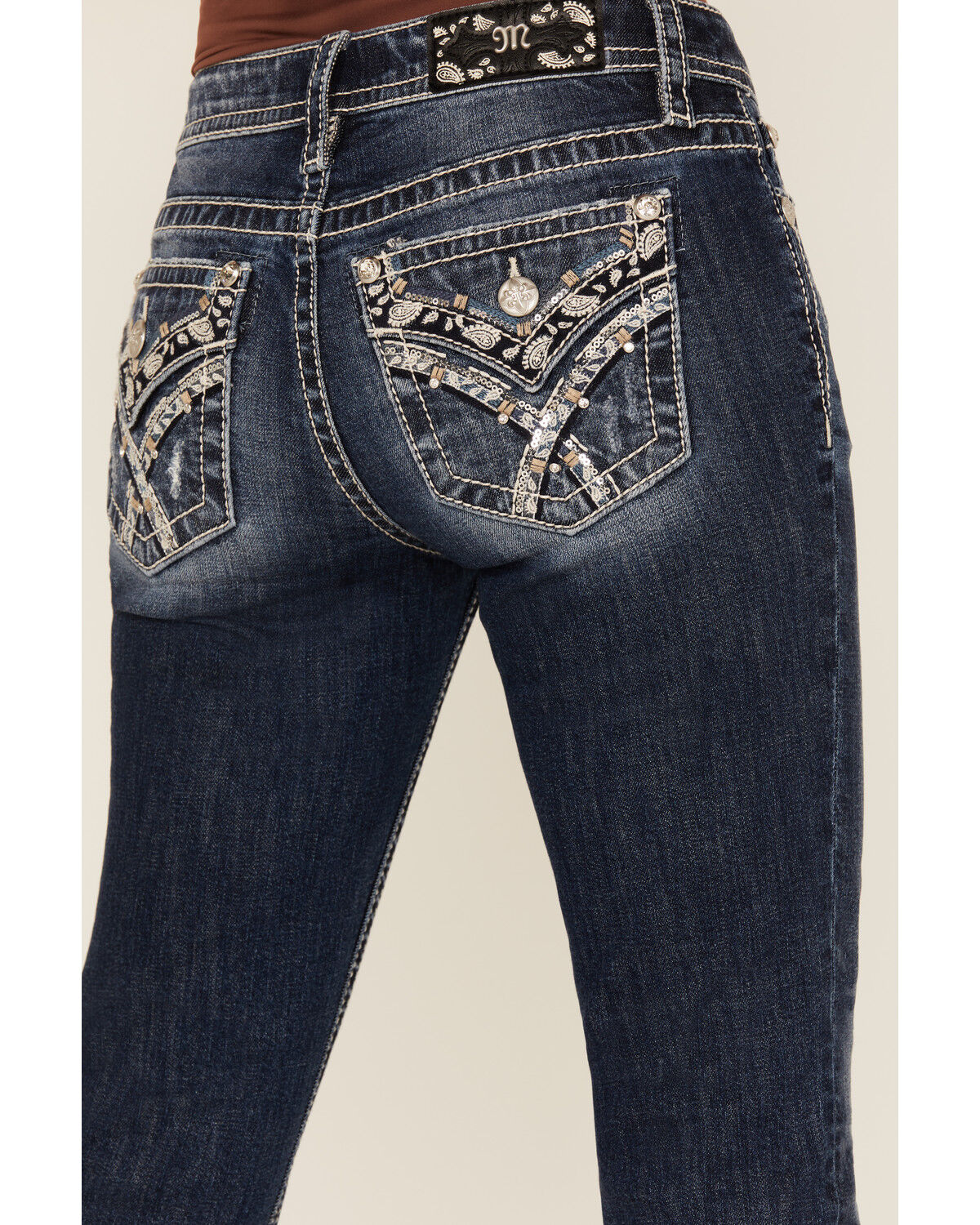 Image #2 - Miss Me Women's Dark Wash Mid Rise Paisley Pocket Bootcut Stretch Denim Jeans, Dark Wash, hi-res