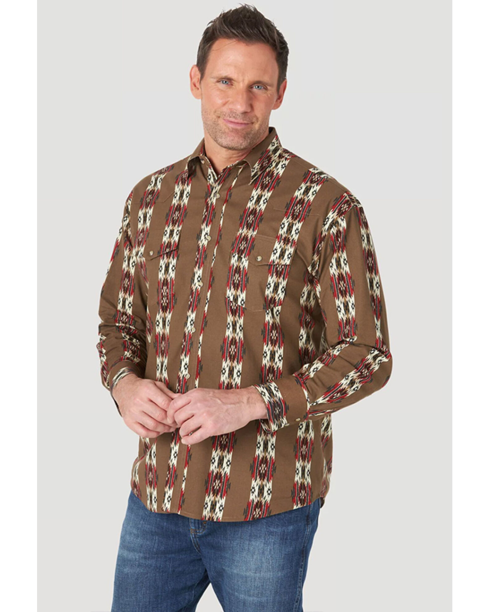 Wrangler Men's Brown Southwestern Checotah Long Sleeve Snap Western Shirt -  Country Outfitter