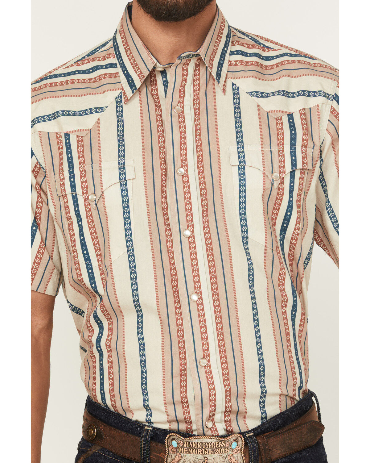 Image #3 - Roper Men's West Made Southwestern Striped Short Sleeve Pearl Snap Western Shirt, Tan, hi-res