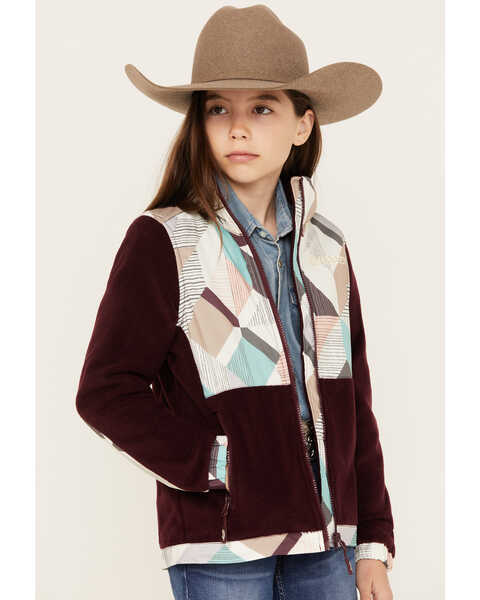 Image #2 - Hooey Girls' Geo Print Color Block Softshell Jacket, Burgundy, hi-res
