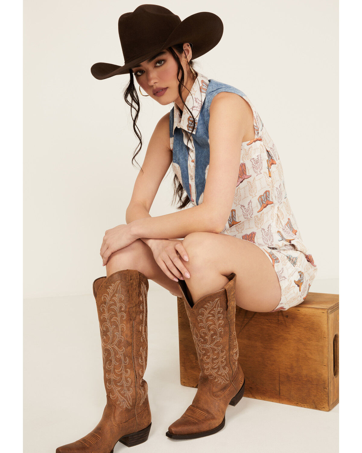 Image #1 - Panhandle Women's Boot Print Sleeveless Pearl Snap Mini Dress, Cream, hi-res