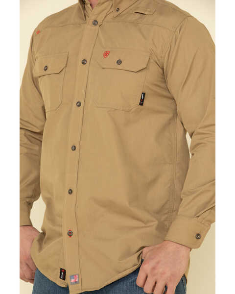 Image #4 - Ariat Men's Khaki FR Solid Featherlight Long Sleeve Work Shirt , Beige/khaki, hi-res