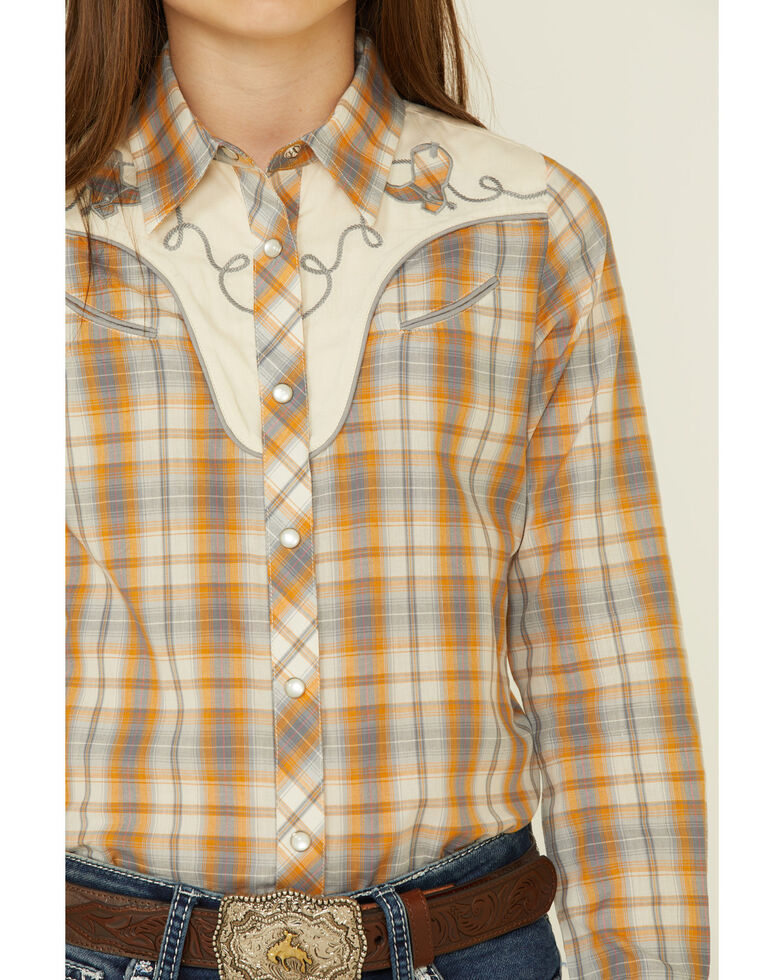 Roper Girls' Mustard Plaid Fancy Applique Yoke Long Sleeve Snap Western Shirt , Mustard, hi-res