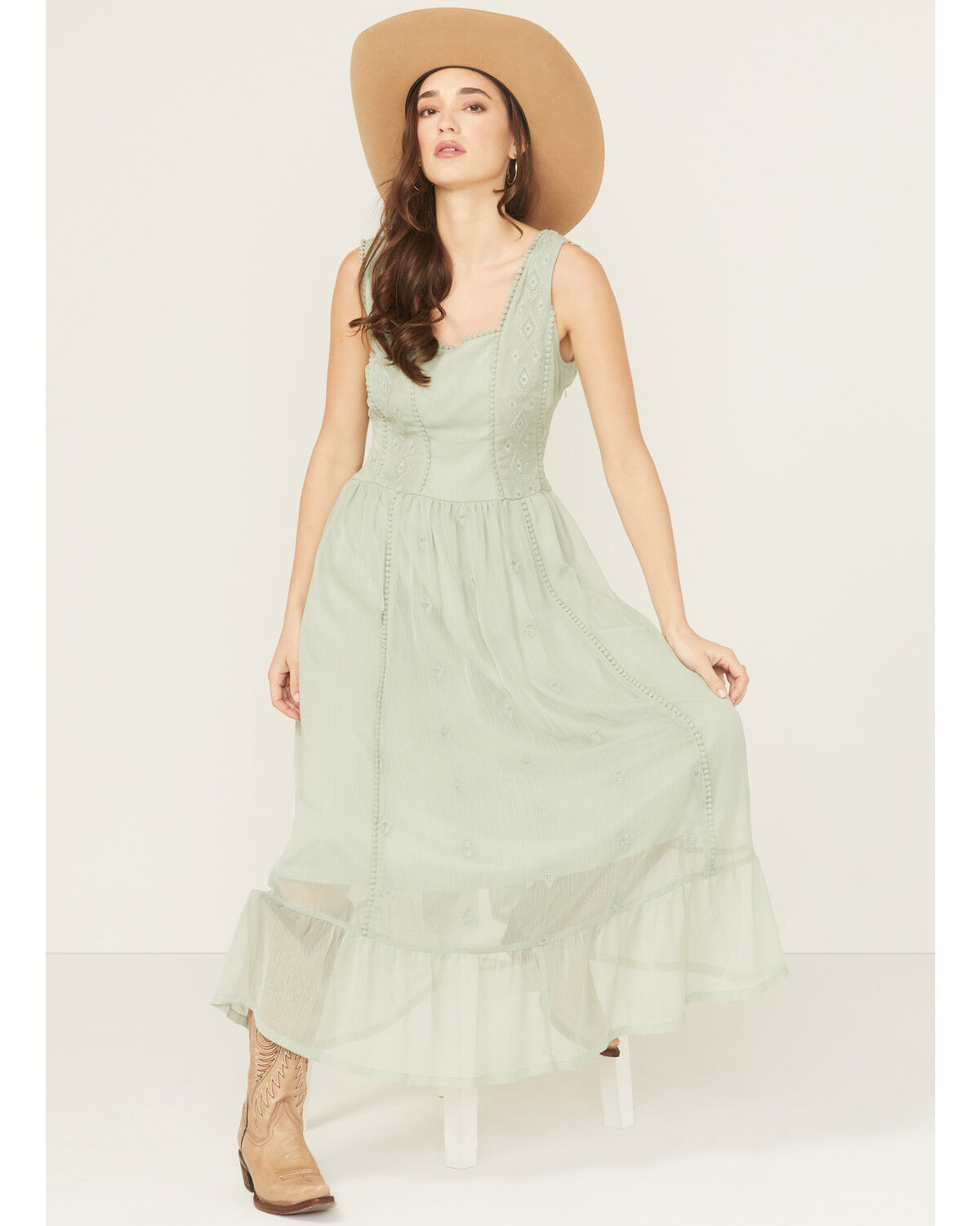 Image #1 - Panhandle Women's Chiffon Embroidered Sleeveless Midi Dress, Sage, hi-res