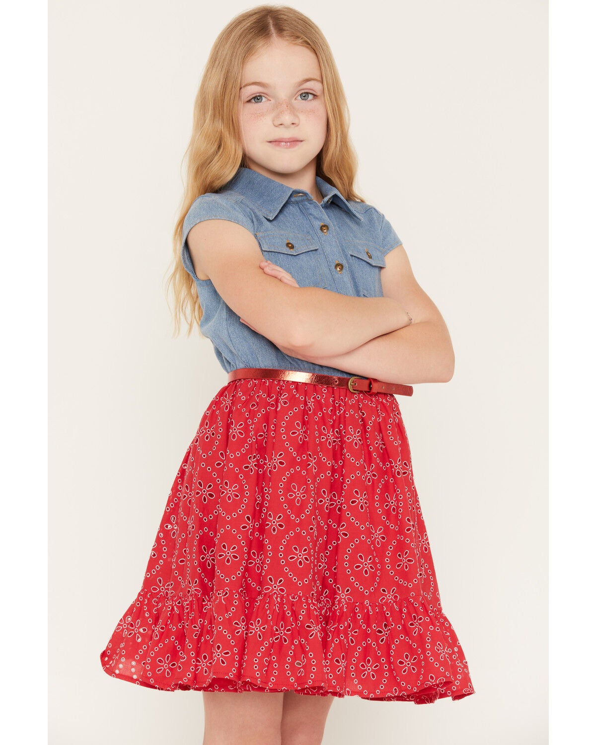 Image #2 - Sugar California Girls' Lace Denim Dress, Red, hi-res