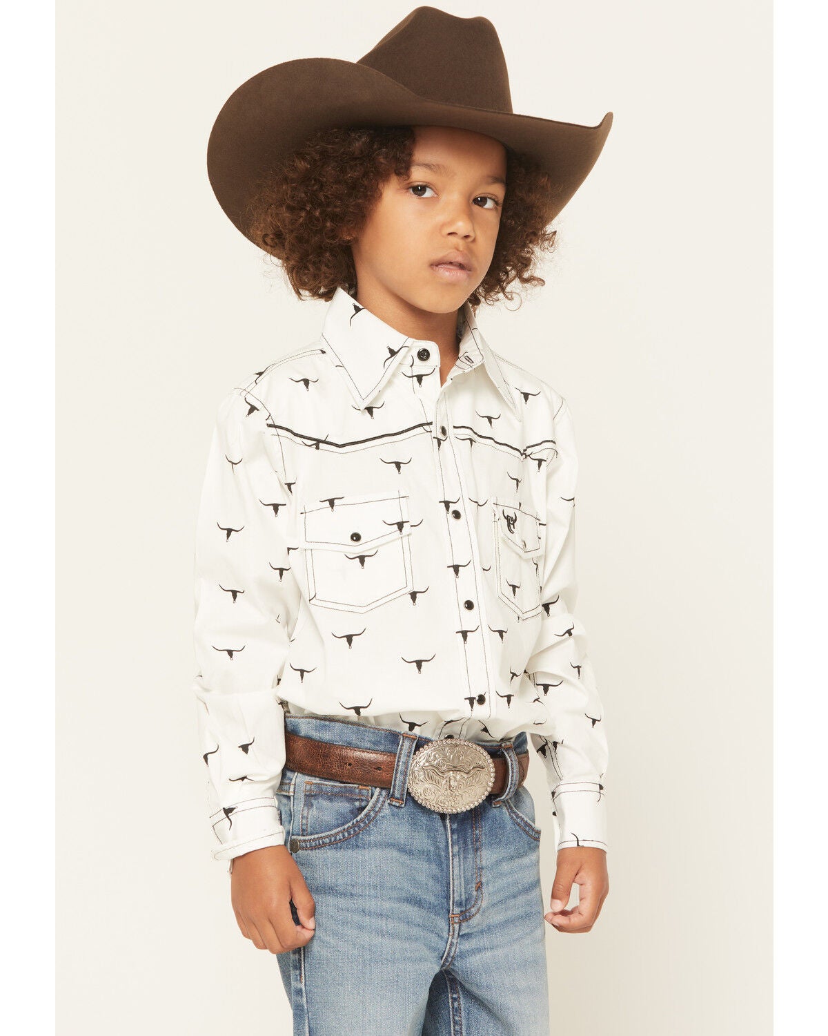 Image #1 - Cowboy Hardware Boys' Skull Scatter Long Sleeve Snap Stretch Western Shirt, White, hi-res