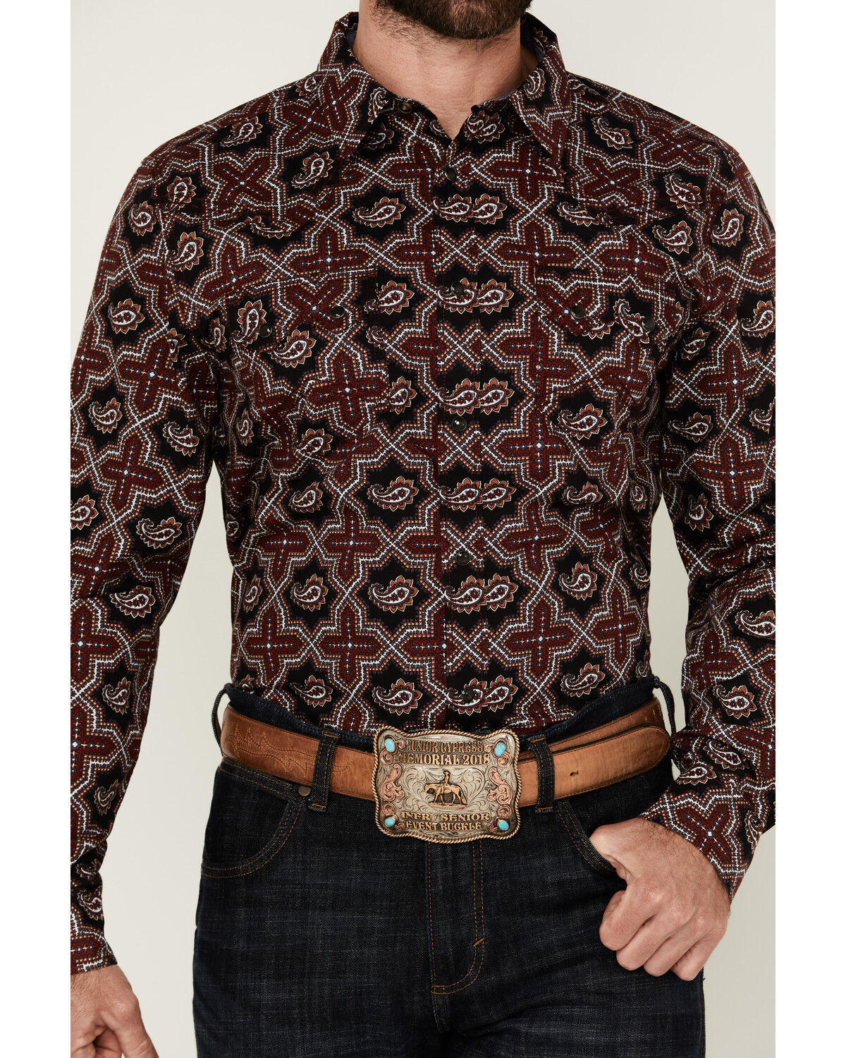 Image #3 - Cody James Men's Daybreak Geo Print Long Sleeve Snap Western Shirt - Tall, Red, hi-res