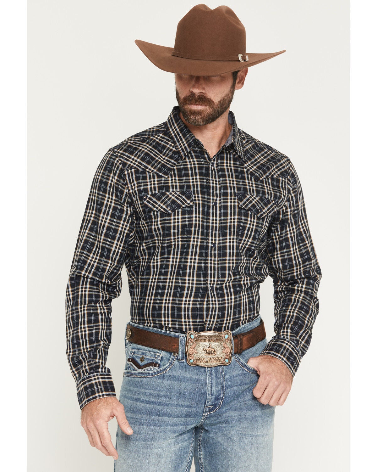 Cody James Men's Warriors Way Plaid Print Long Sleeve Snap Western Shirt - Big, Dark Blue, hi-res