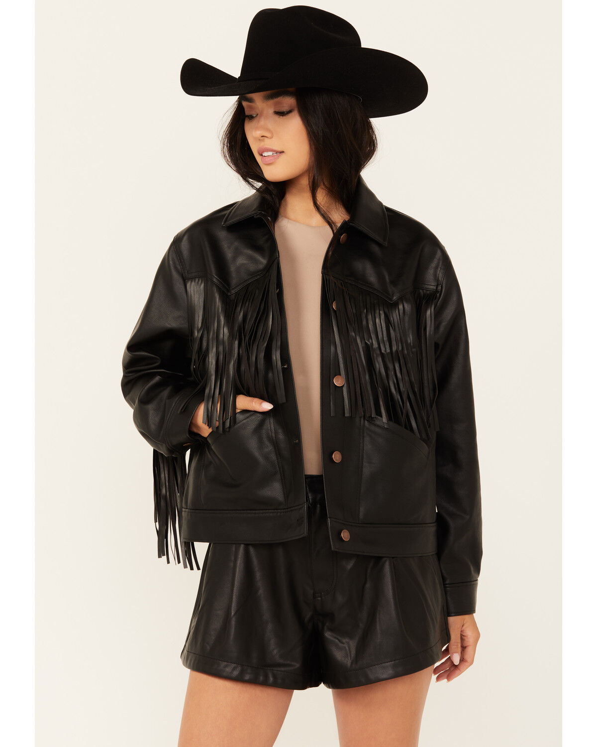 Image #1 - Wrangler Women's Wild Oversized Faux Leather Fringe Jacket, Black, hi-res