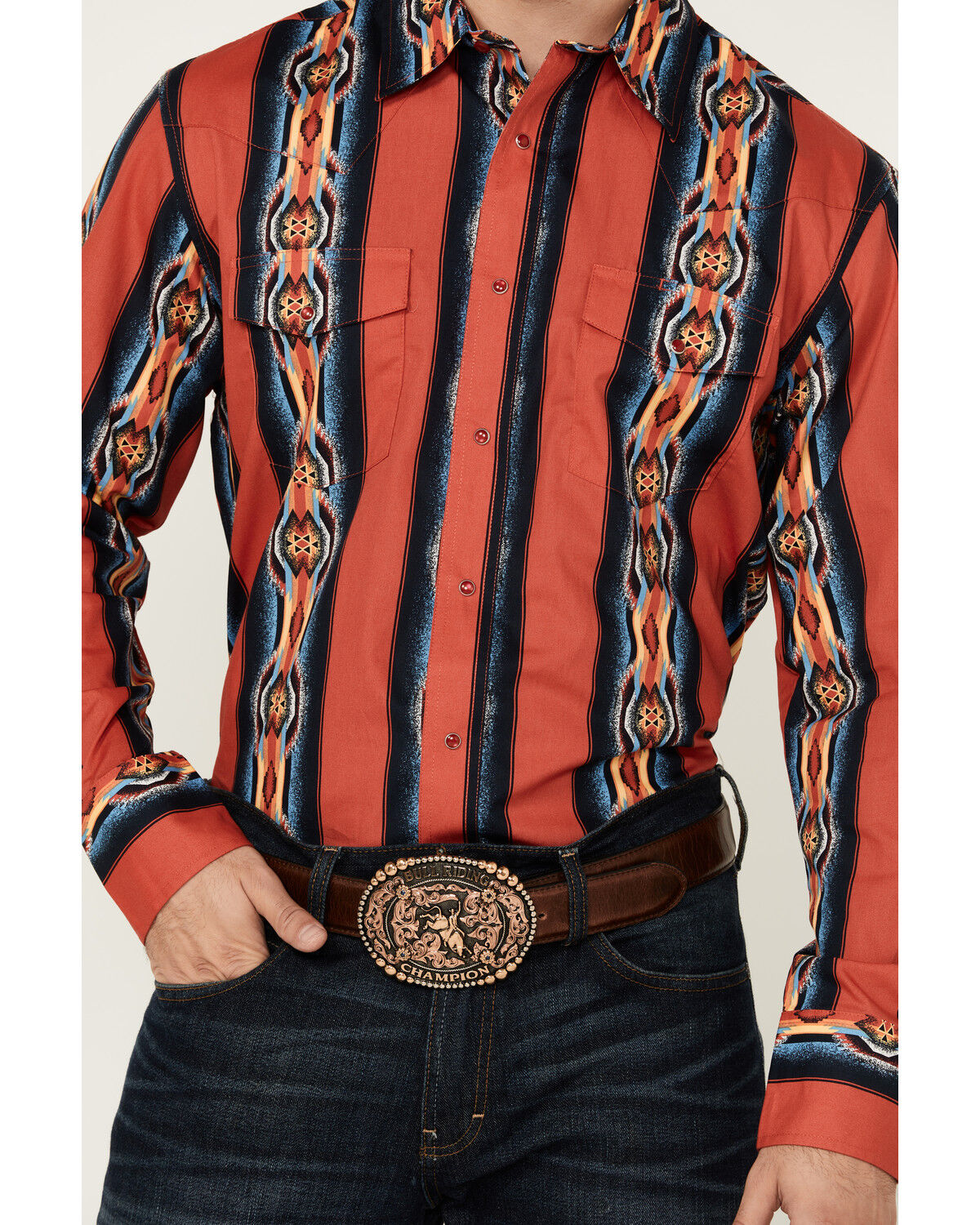 Image #3 - Wrangler Men's Checotah Southwestern Striped Print Long Sleeve Pearl Snap Western Shirt, Red, hi-res