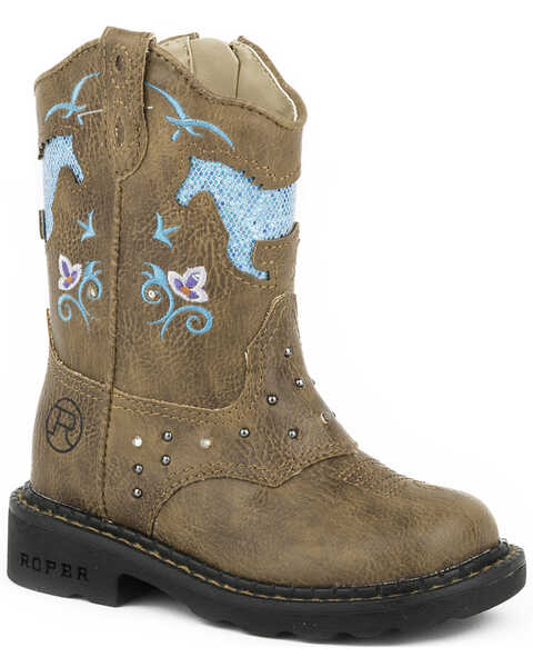 Image #1 - Roper Toddler Girls' Glitter Horse Light-Up Western Boots - Round Toe, Tan, hi-res