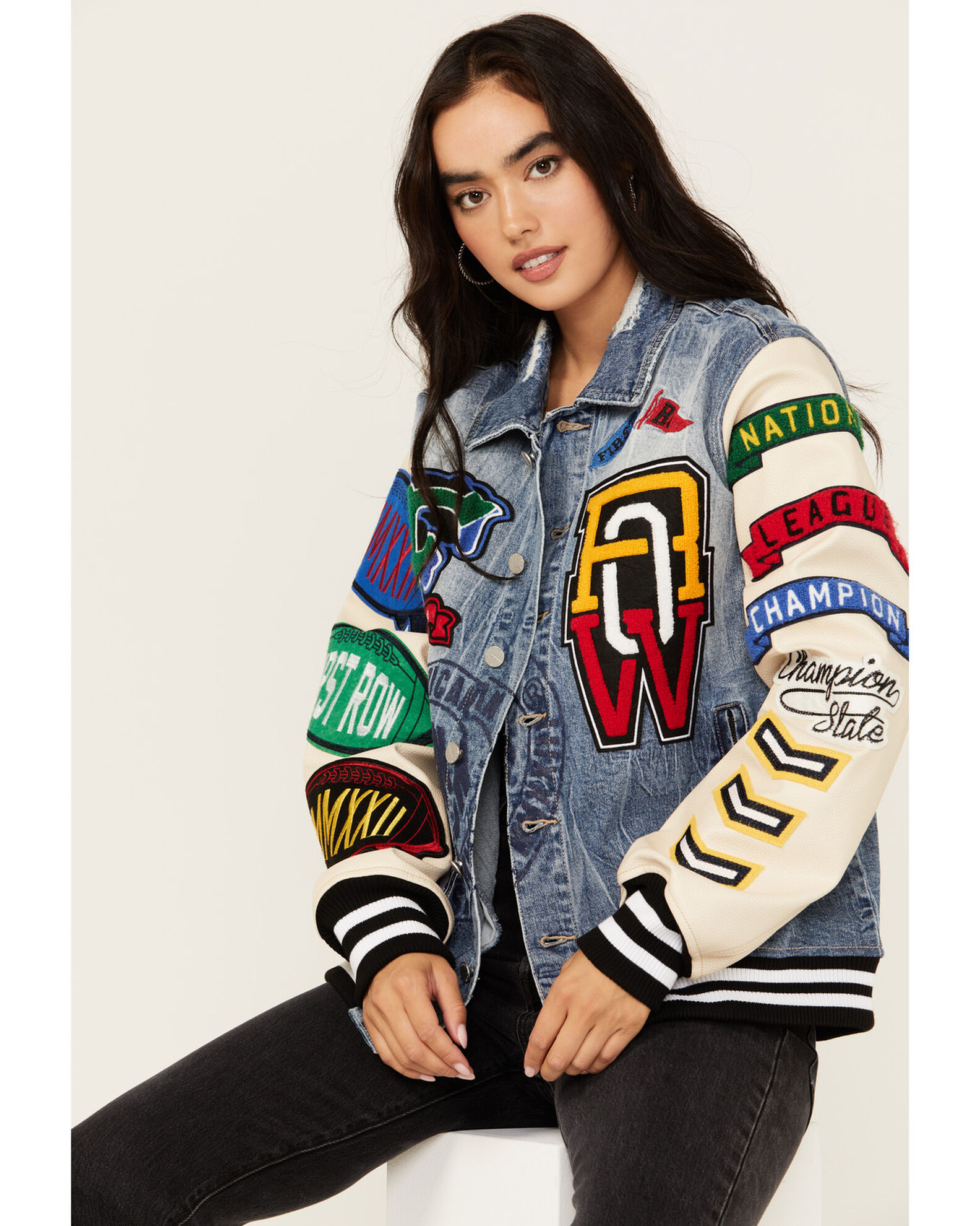 First Row Women s Light Wash Denim Varsity Jacket Country Outfitter