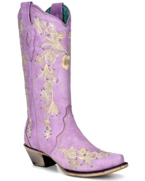 Image #1 - Corral Women's Embroidered Floral & Crystal Studded Tall Western Boots - Snip Toe, Light Purple, hi-res