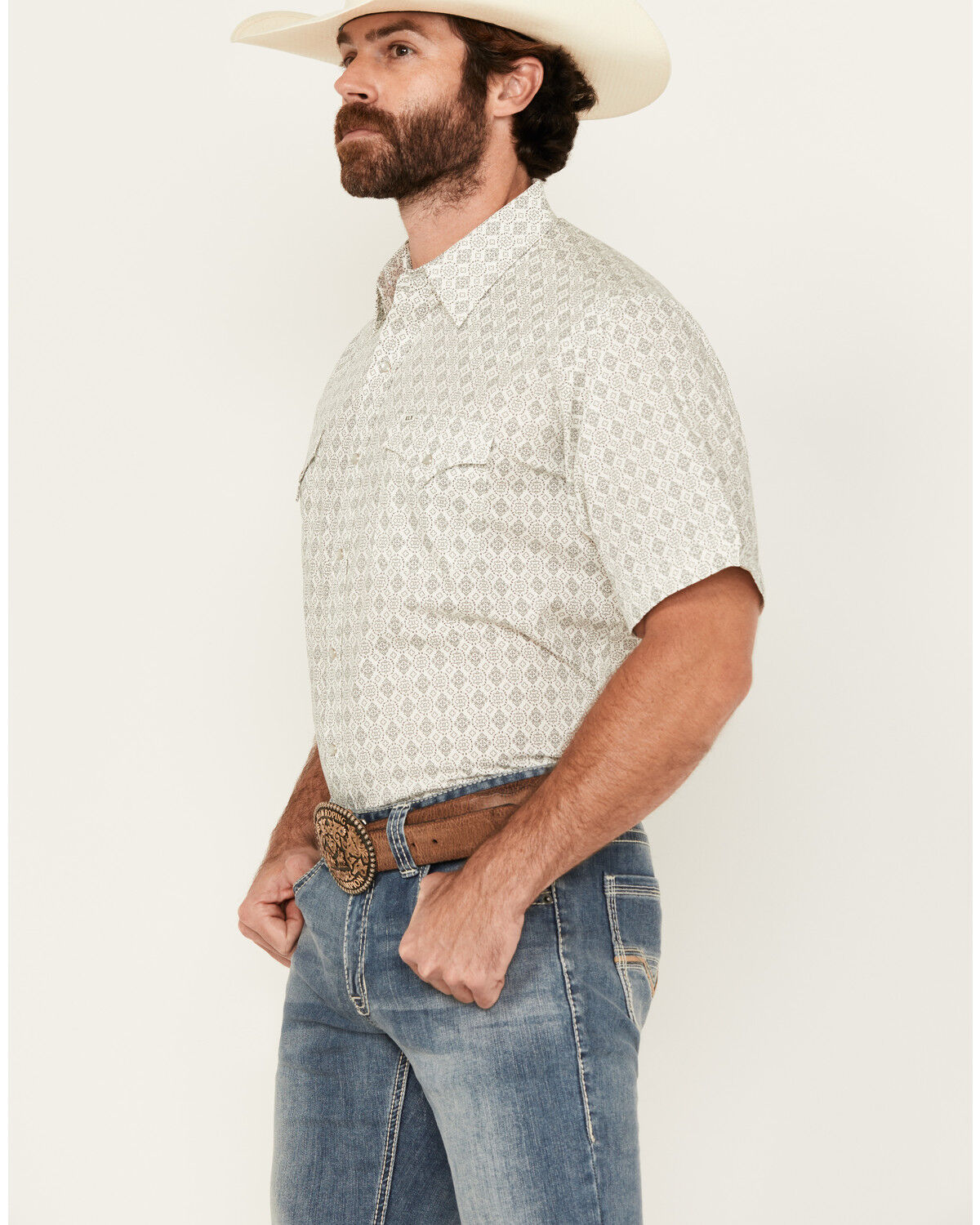 Image #2 - Ely Walker Men's Medallion Print Short Sleeve Snap Western Shirt - Big, Cream, hi-res