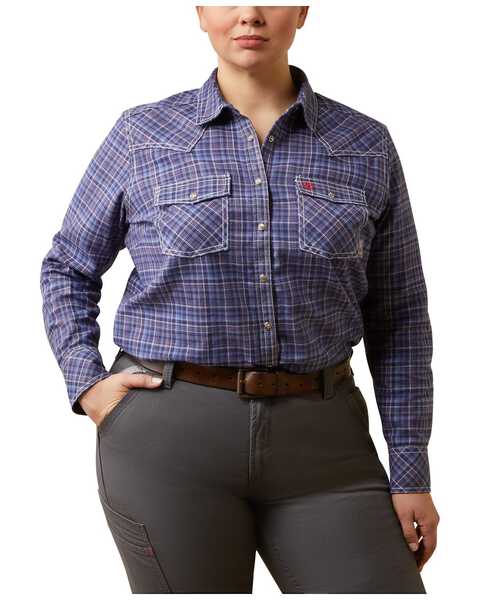 Ariat Women's Tillie FR Long Sleeve Plaid Print Snap Work Shirt - Plus , Blue, hi-res