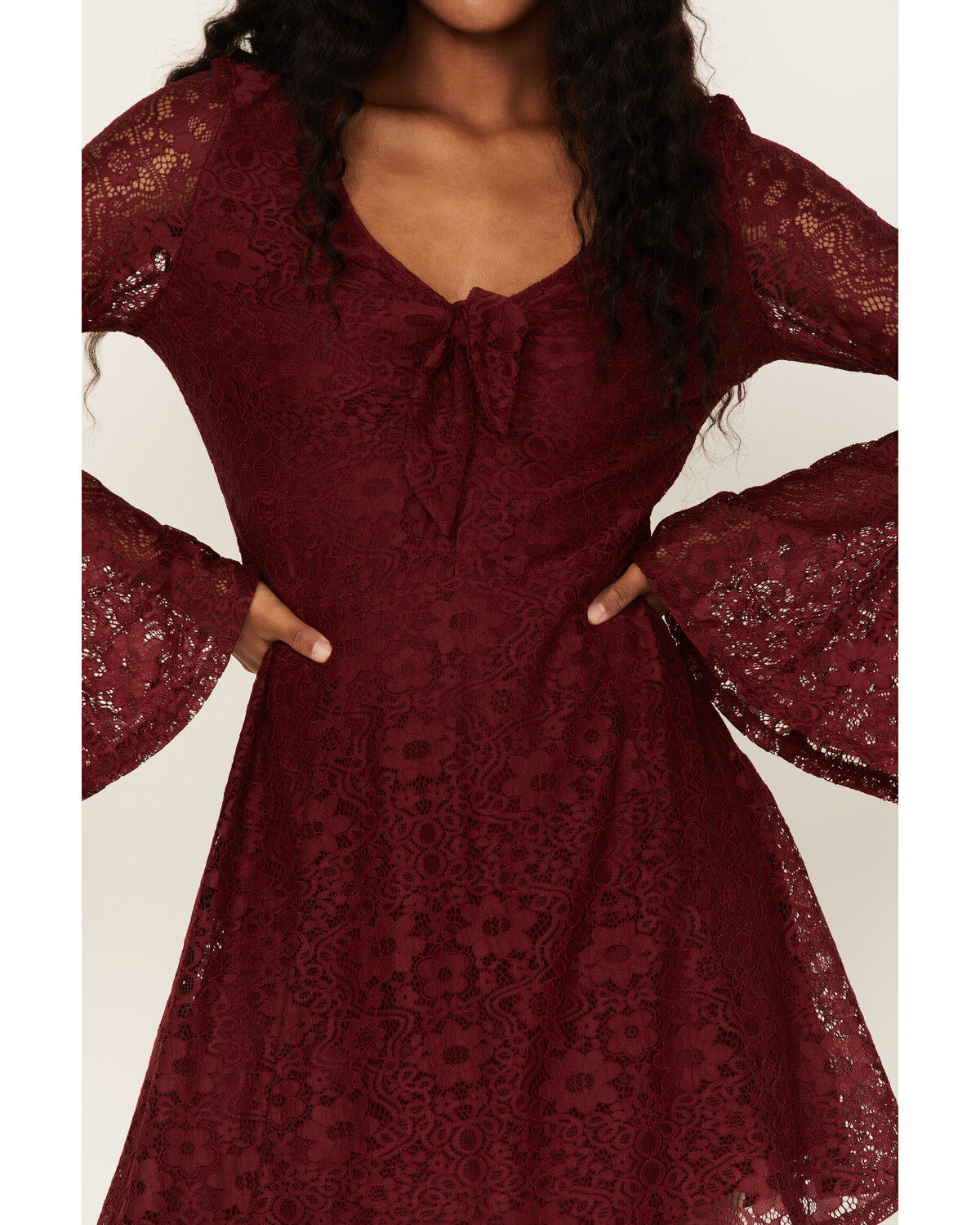 Image #3 - Beyond The Radar Women's Lace Tie Front Mini Dress, Wine, hi-res