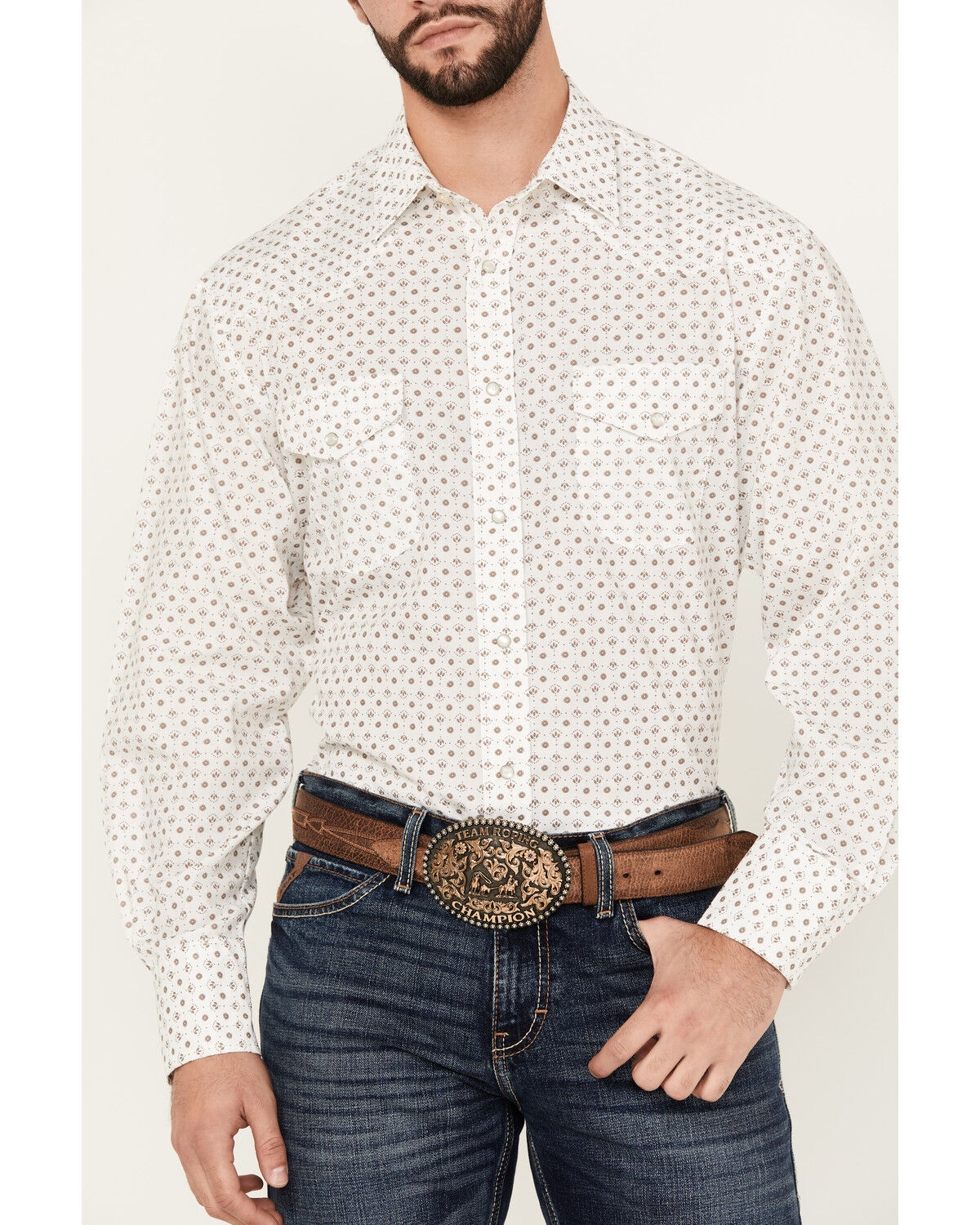 Image #3 - Roper Men's KC Geo Print Long Sleeve Snap Western Shirt, White, hi-res