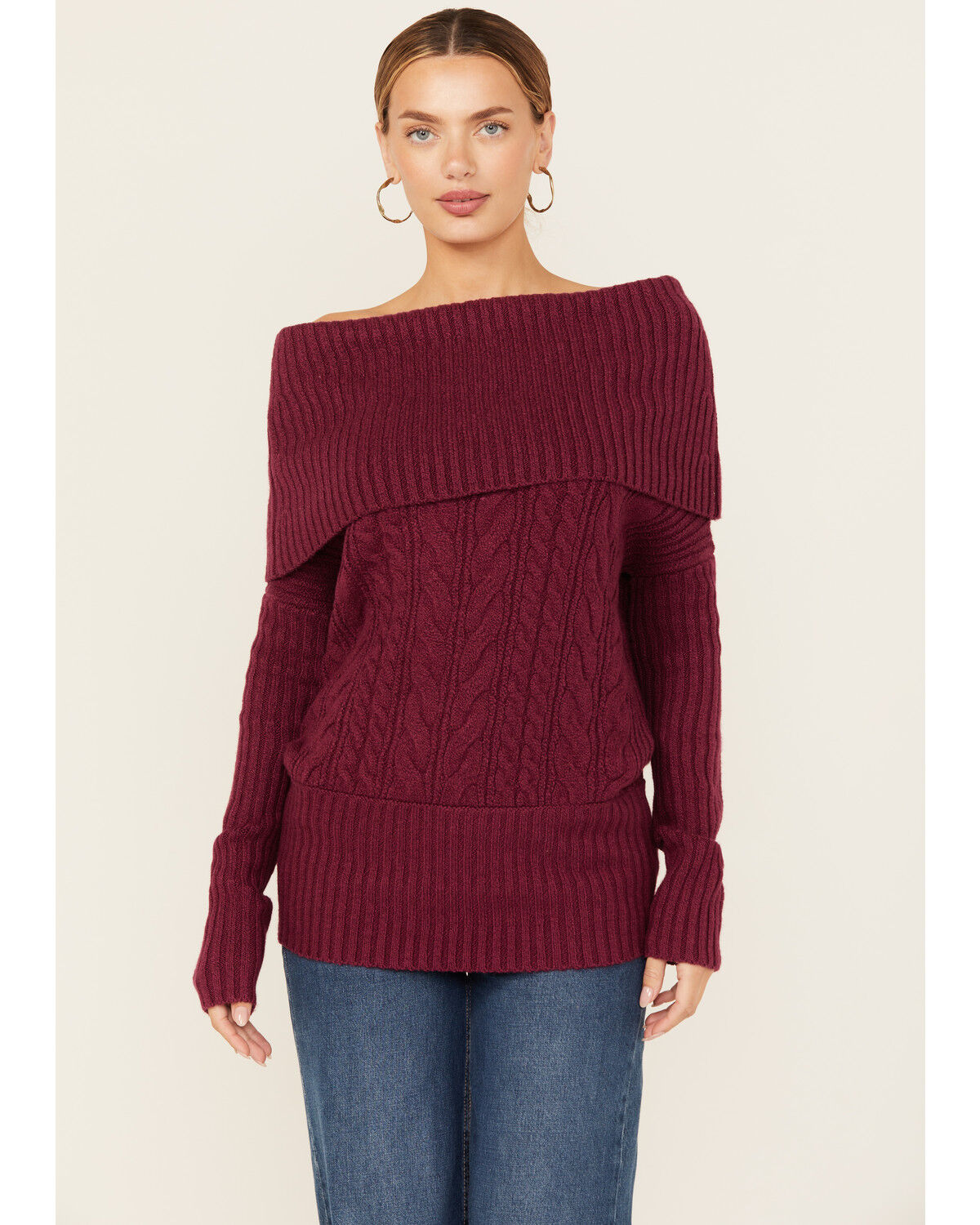 Image #1 - Shyanne Women's Off The Shoulder Cable Knit Sweater, Fuchsia, hi-res