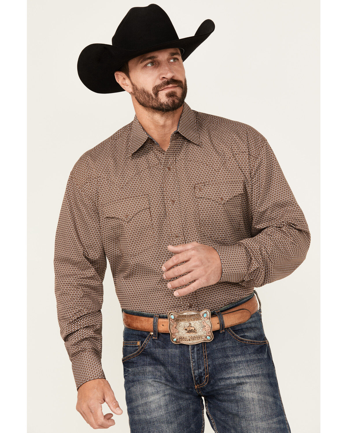 Image #1 - Stetson Men's Geo Print Long Sleeve Snap Western Shirt, Brown, hi-res