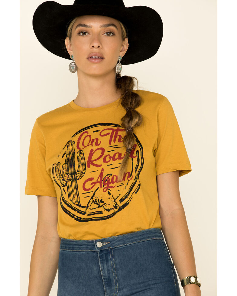 Country Deep Women's On The Road Again Vintage Graphic Tee , Mustard, hi-res