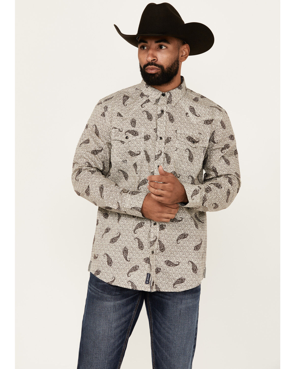 Image #1 - Moonshine Spirit Men's Tattoo Paisley Print Long Sleeve Snap Western Shirt, White, hi-res