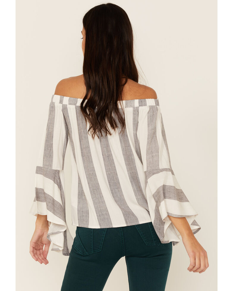Shyanne Women S Grey Stripe Off The Shoulder Bell Sleeve Top Country Outfitter