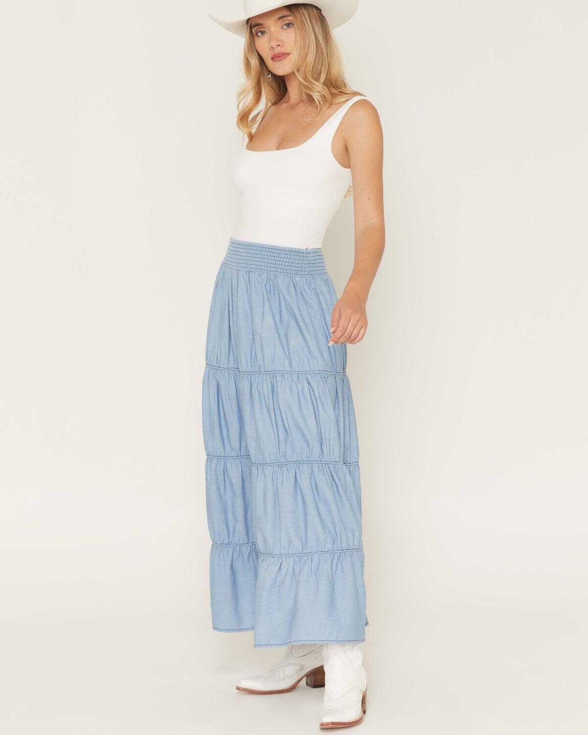 Image #1 - Ashley Women's Medium Washed Tiered Denim Midi Skirt, Medium Wash, hi-res