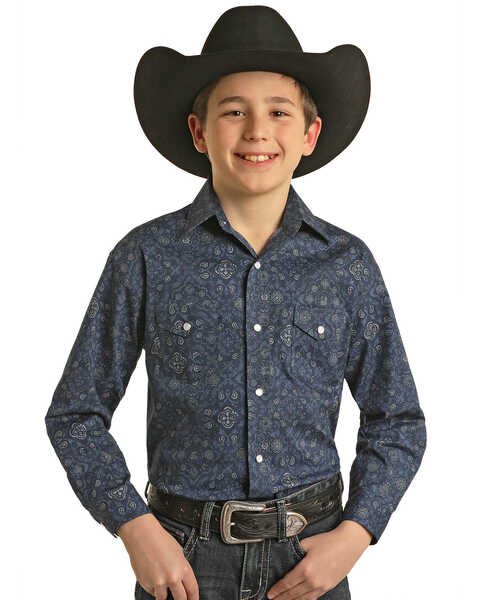 Image #1 - Panhandle Boys' Bandana Print Long Sleeve Snap Western Shirt , Navy, hi-res
