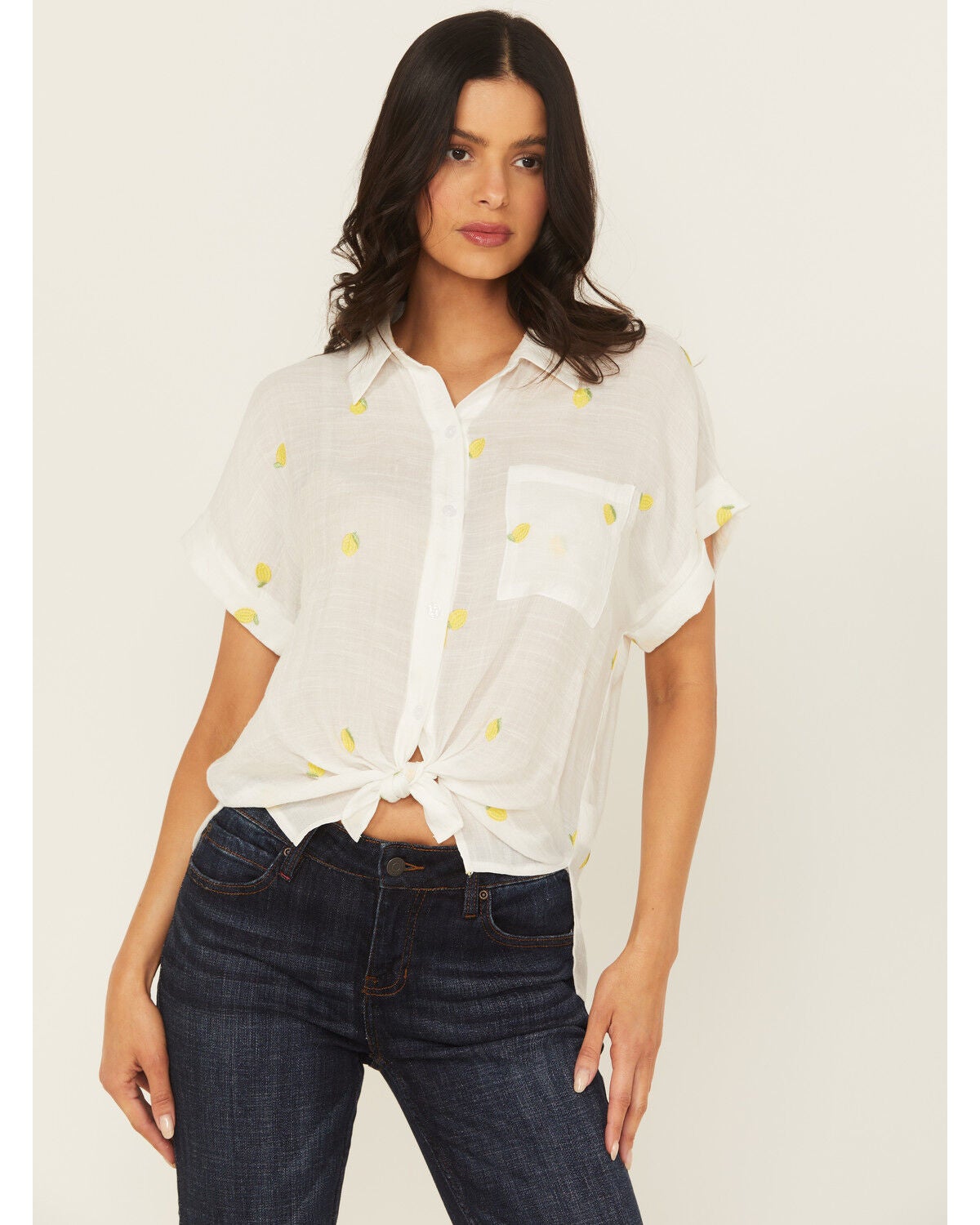 June & Hudson Women's Lemon Embroidered Short Sleeve Tie-Front Top, White, hi-res
