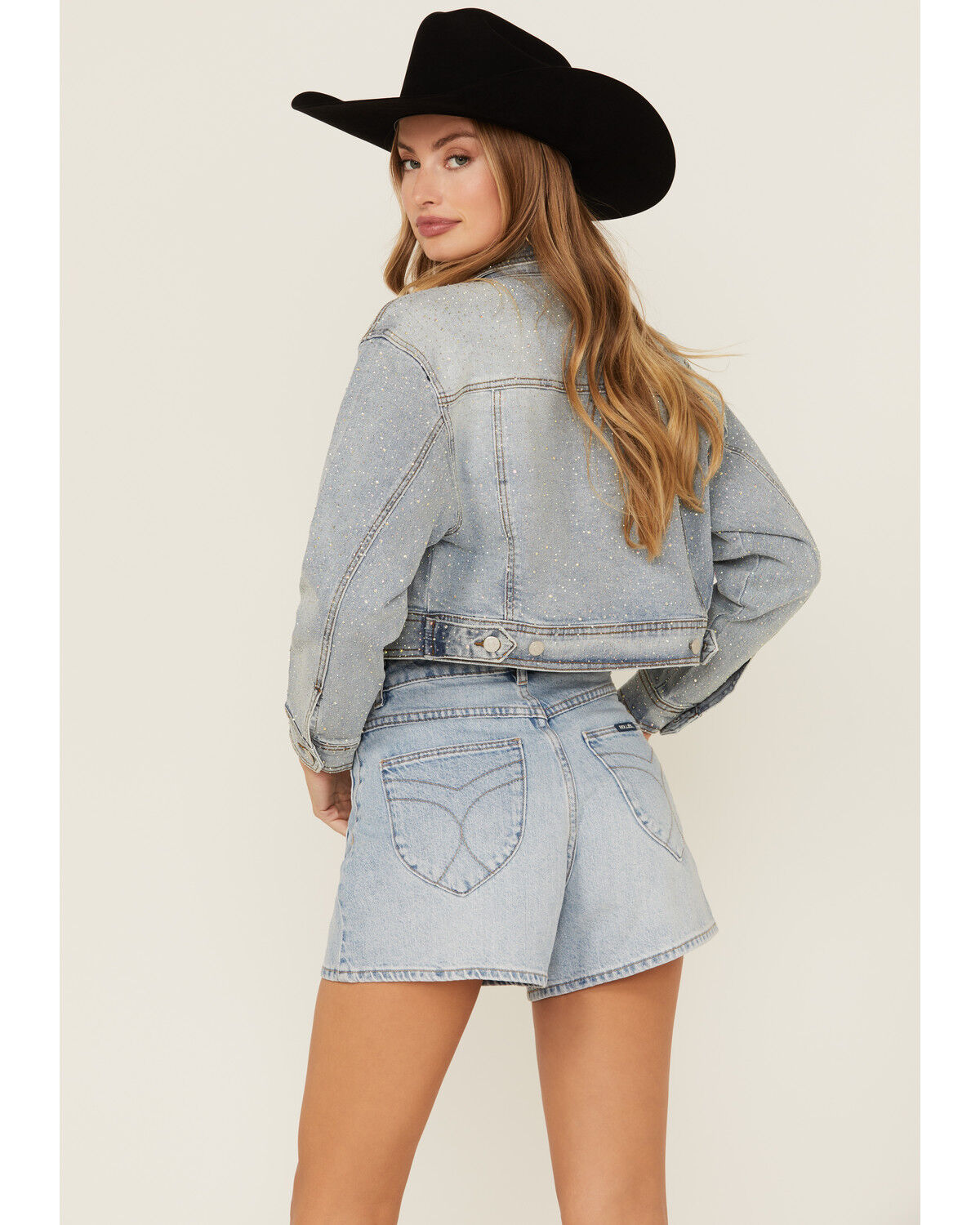 Image #4 - Vibrant Denim Women's Embellished Light Wash Cropped Denim Jacket, , hi-res