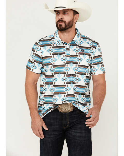Image #1 - Rock & Roll Denim Men's Boot Barn Exclusive Southwestern Print Short Sleeve Polo Shirt , White, hi-res