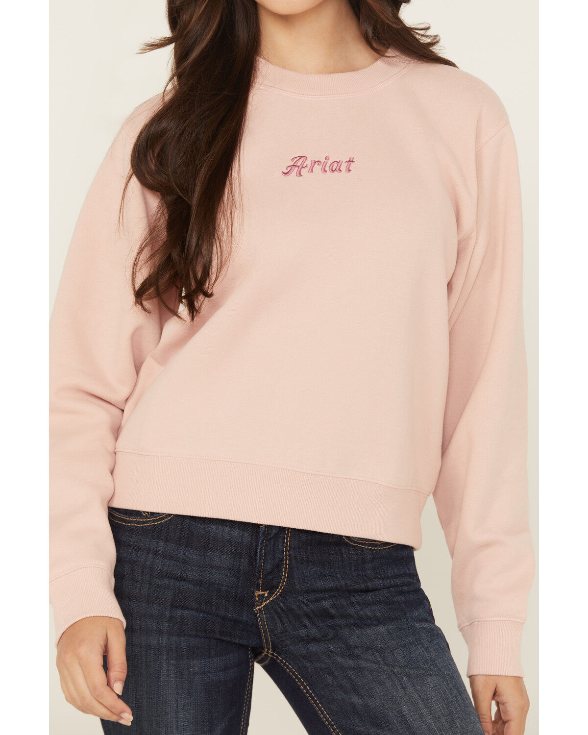 Image #3 - Ariat Women's Boot Barn Exclusive Embroidered Logo Crewneck, Peach, hi-res