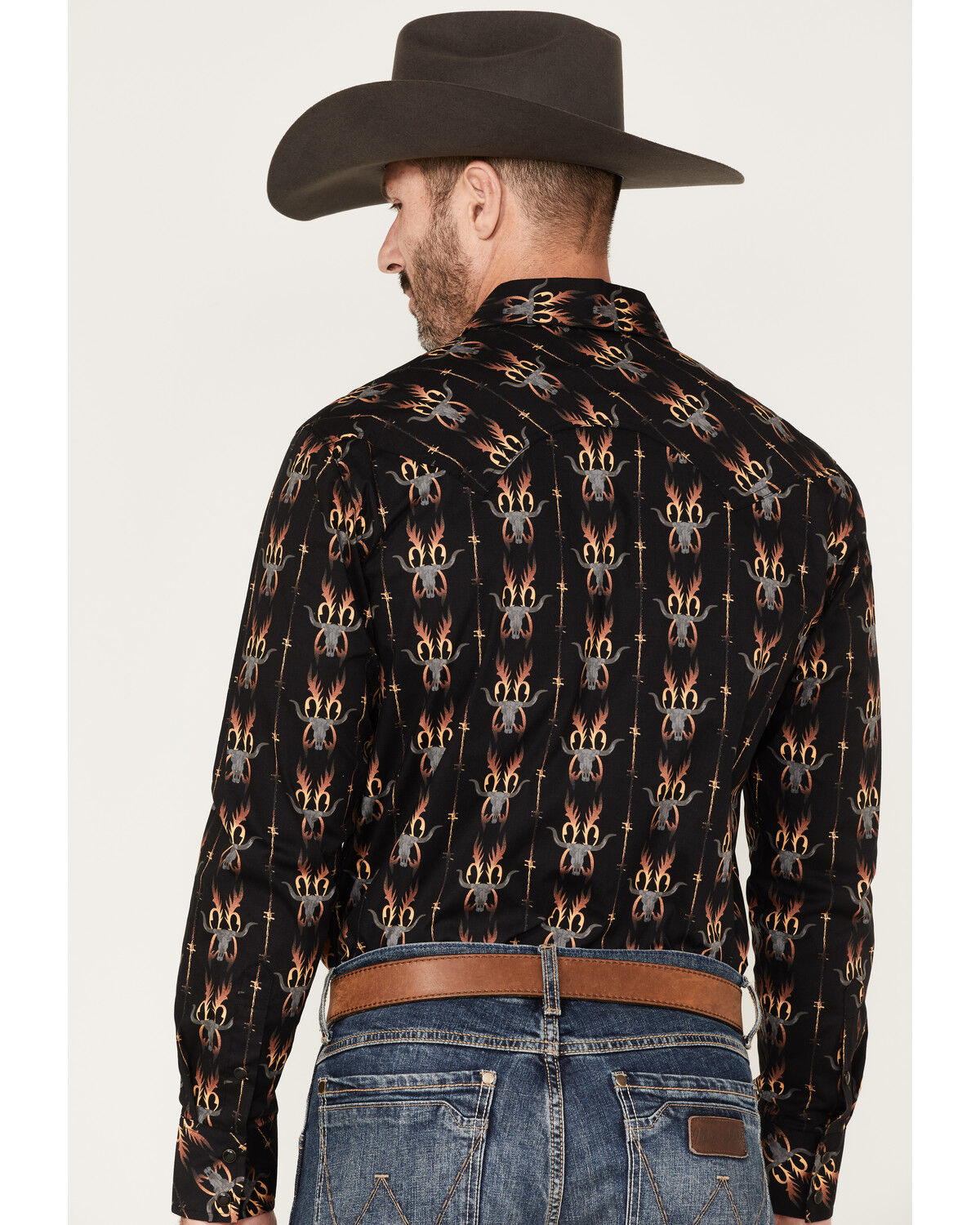 Image #4 - Dale Brisby Men's Stretch Antler Bull Skull Print Western Shirt, Black, hi-res