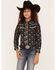 Image #1 - Roper Girls' Floral Print Long Sleeve Pearl Snap Western Shirt, Black, hi-res