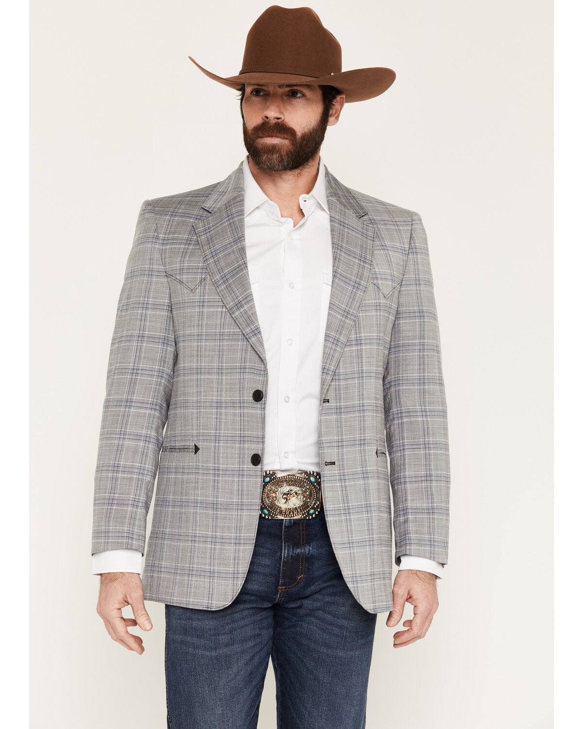 Image #1 - Circle S Men's Carson City Plaid Print Button-Down Sportcoat, Light Grey, hi-res