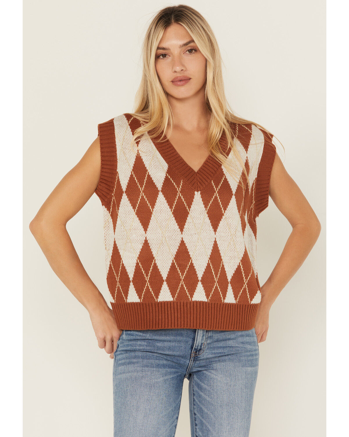 Image #1 - Sadie & Sage Women's Argyle Print Sweater Vest, Rust Copper, hi-res