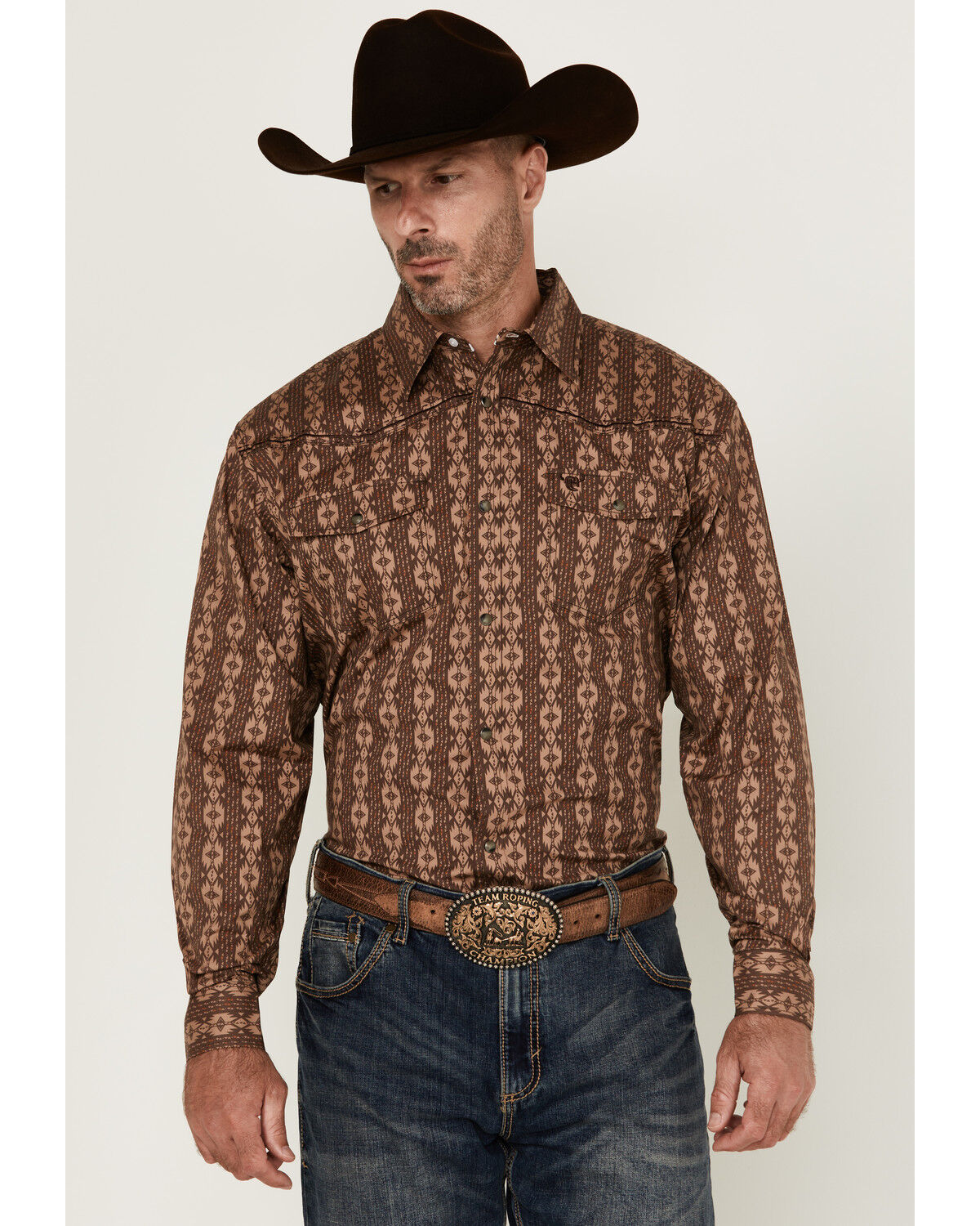 Image #1 - Cowboy Hardware Men's Southwestern Print Long Sleeve Snap Stretch Western Shirt, Chocolate, hi-res