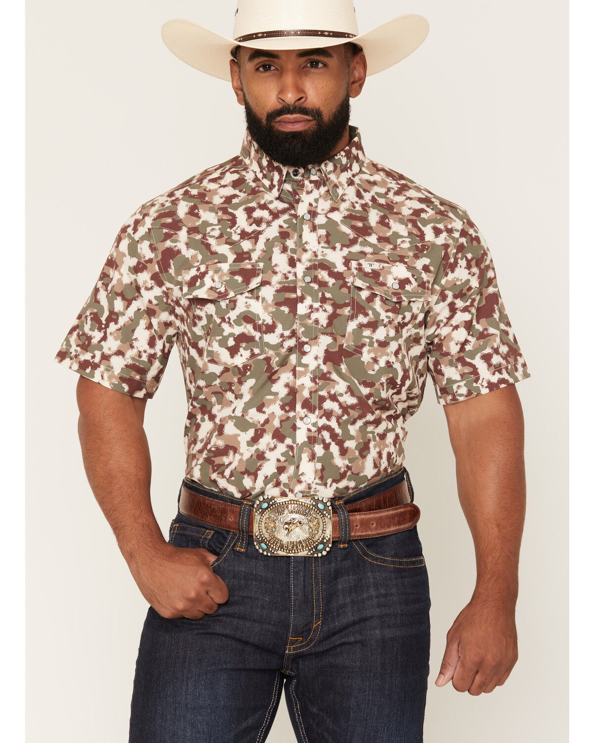 Image #1 - Ferrell Men's Tek Camo Print Short Sleeve Pearl Snap Stretch Performance Western Shirt, Brown, hi-res