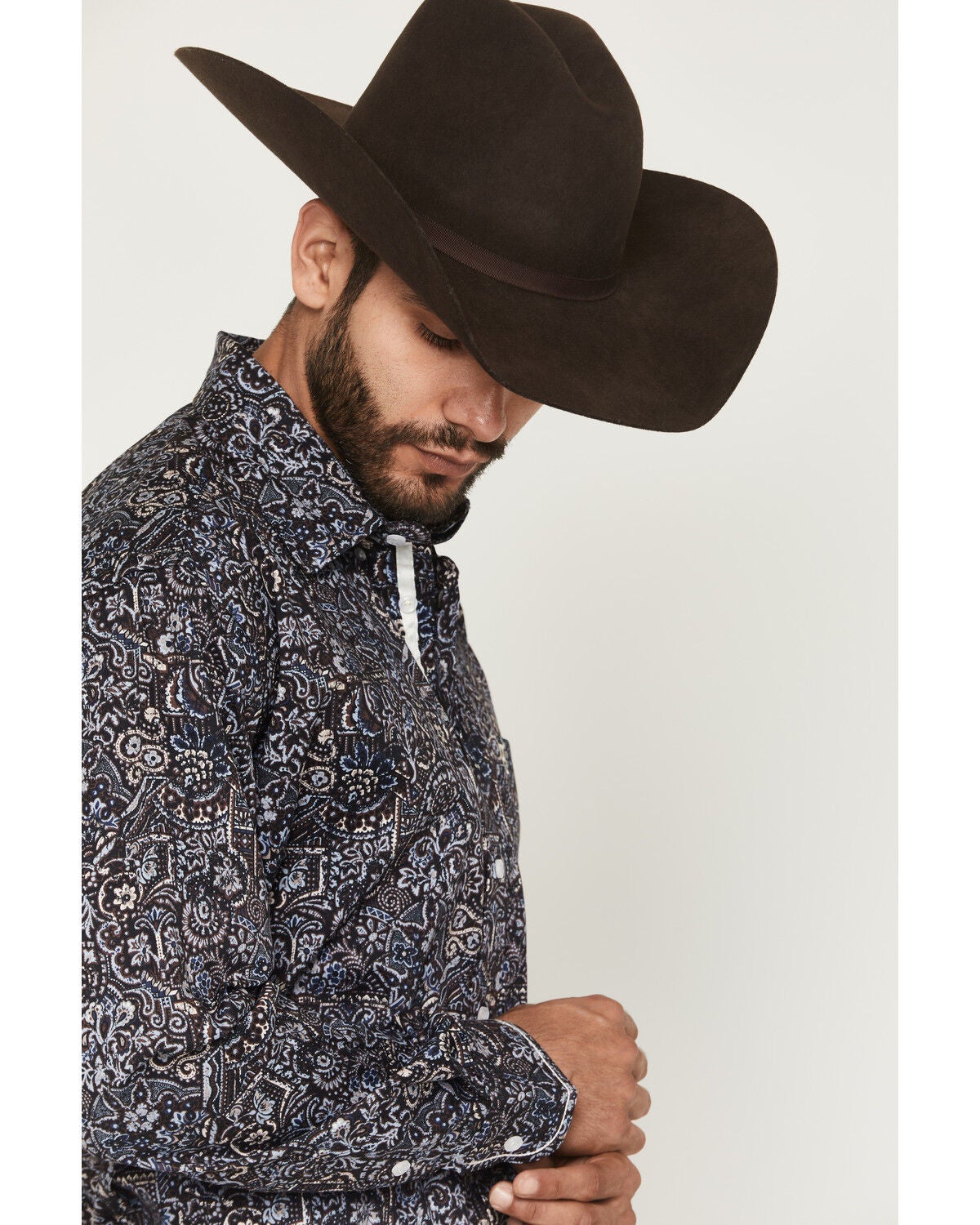 Image #2 - Rough Stock by Panhandle Men's Floral Print Long Sleeve Button-Down Stretch Western Shirt, Dark Brown, hi-res