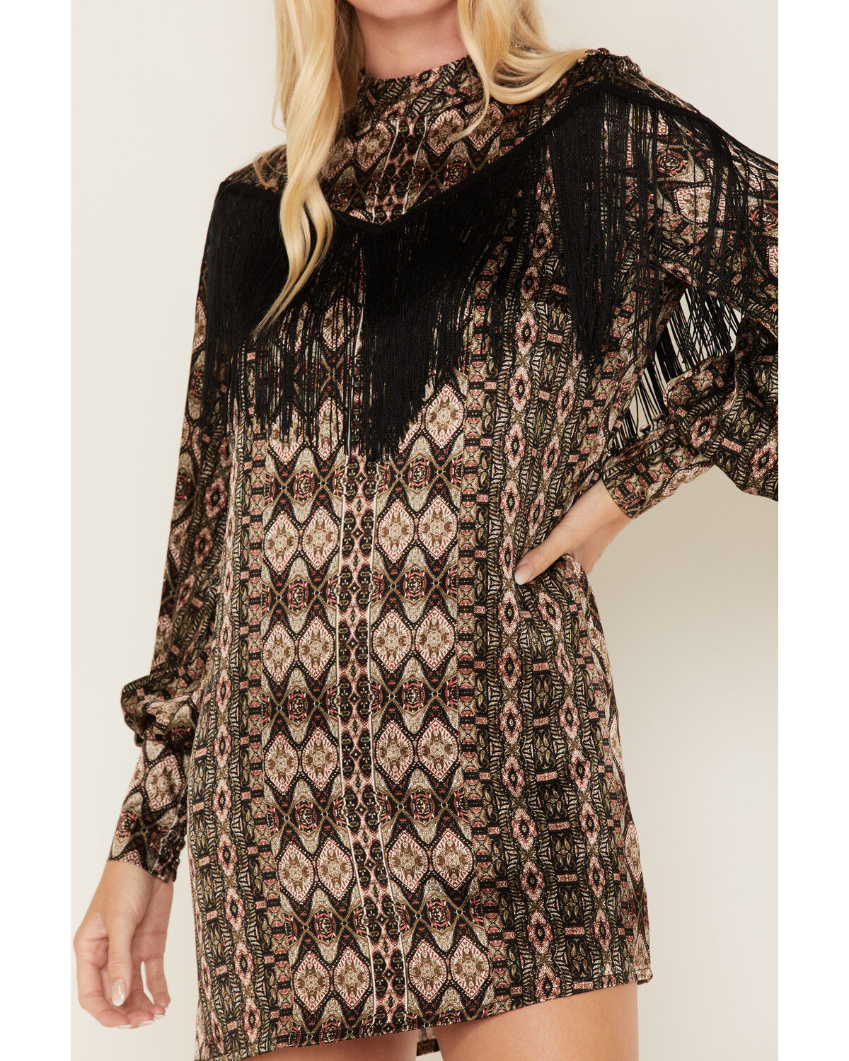 Image #2 - Shyanne Women's Long Sleeve Satin Fringe Mode Mini Dress, Black, hi-res