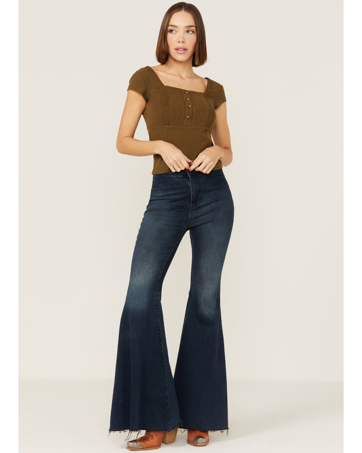 Image #4 - Shyanne Women's Square Neck Green Pointelle Top, Green/brown, hi-res