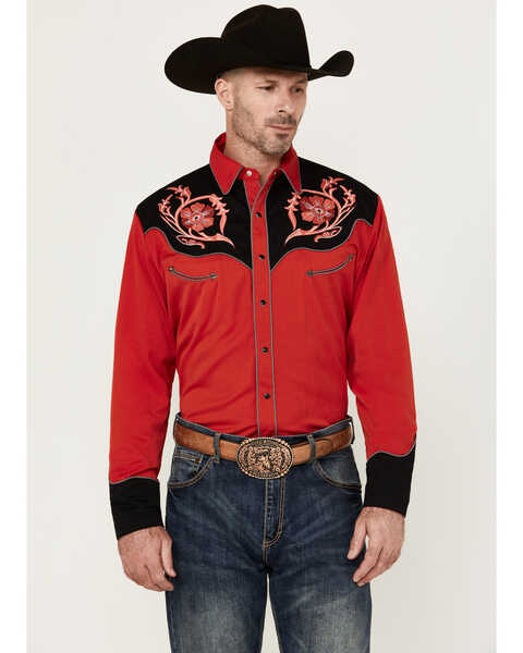Scully Men's Floral Embroidered Long Sleeve Snap Western Shirt , Red, hi-res