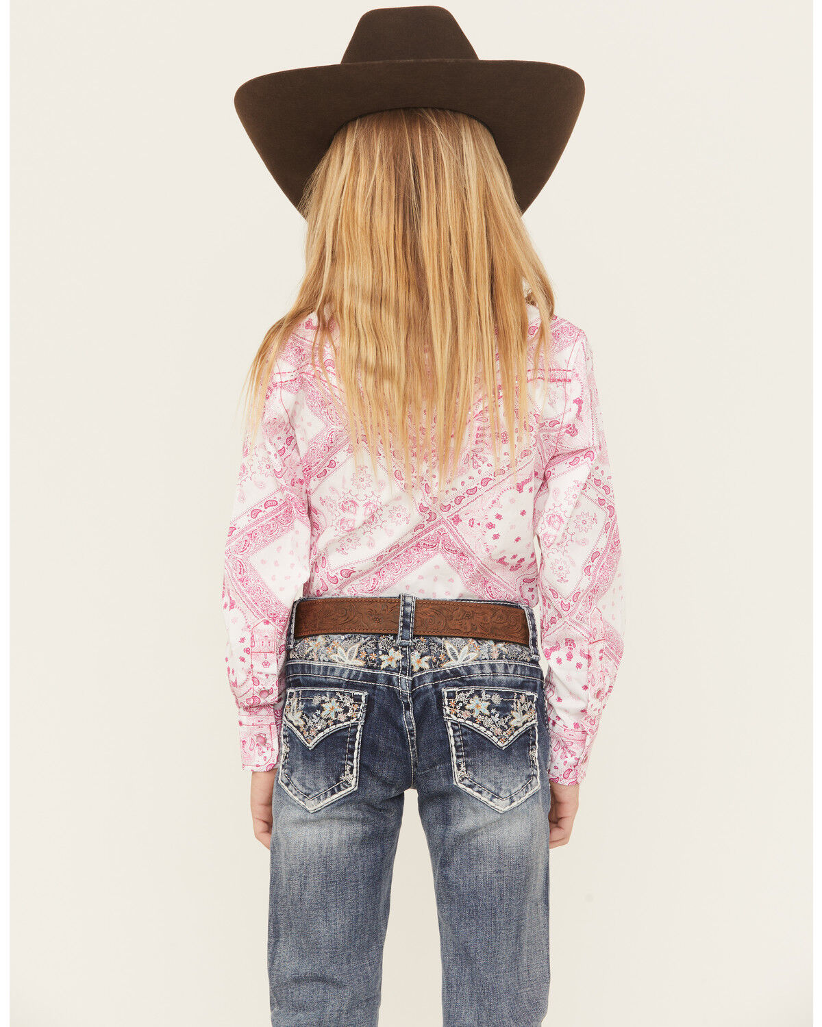 Image #4 - Cowgirl Hardware Girls' Bandana Print Long Sleeve Pearl Snap Stretch Western Shirt, Pink, hi-res