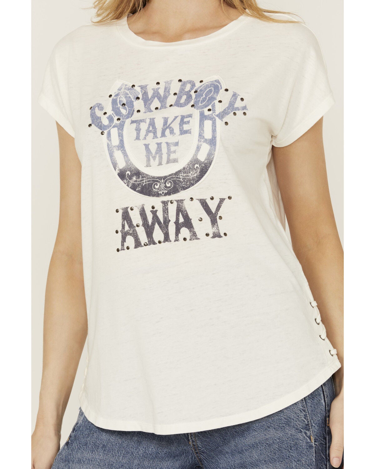 Image #3 - Shyanne Women's Cowboy Take Me Away Studded Short Sleeve Graphic Tee, Ivory, hi-res
